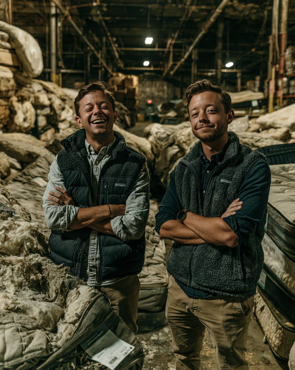 Tanner Voss and Dhruv Beckett-Liu laughing in a warehouse of unwrapped mattresses